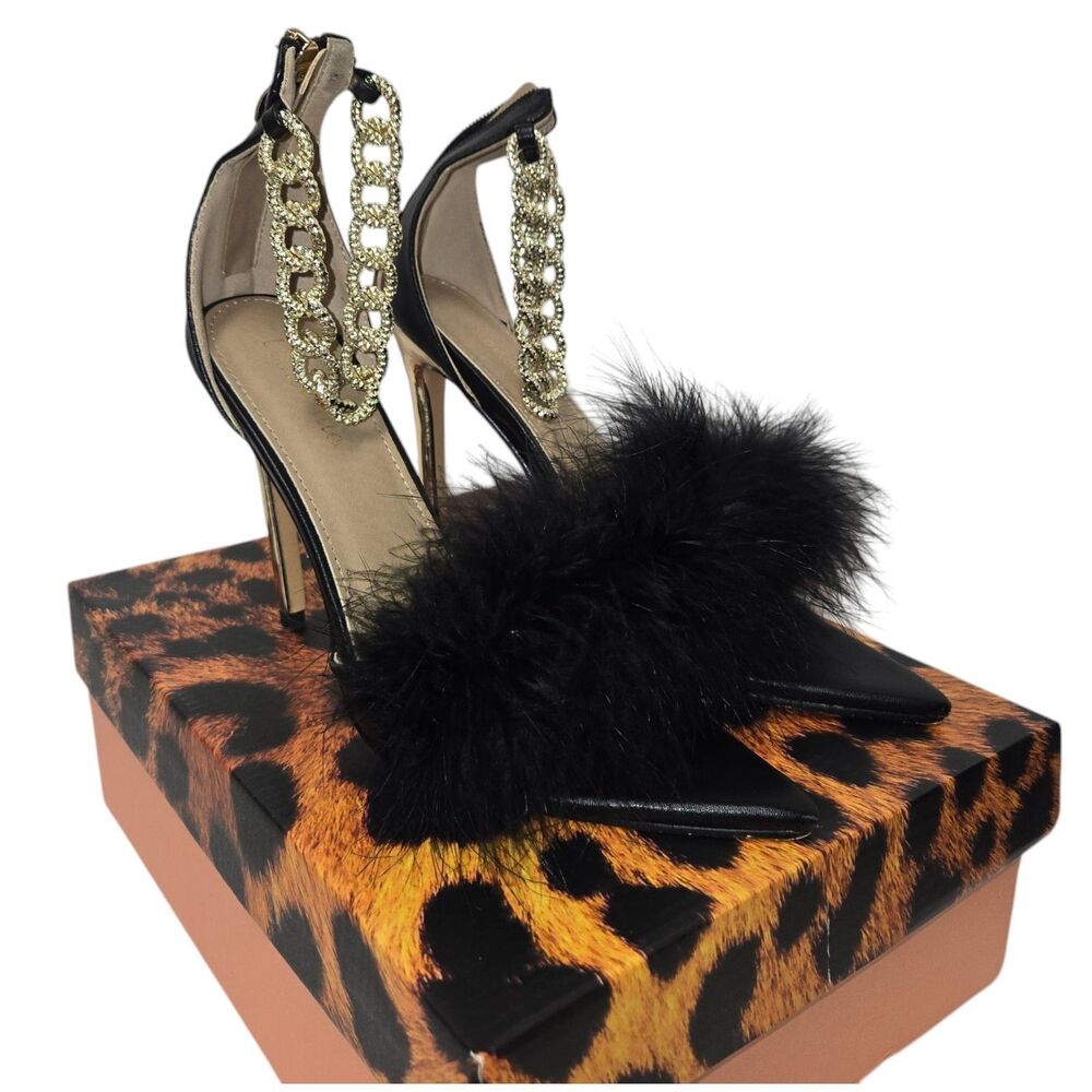 Lemonade Black Stiletto Heels Style After Party Faux Fur Shoes  Size 6.5